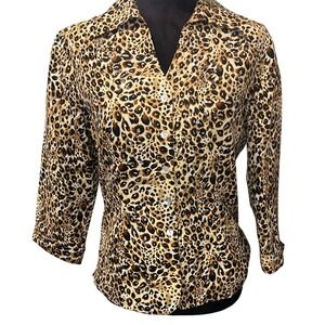 Silkland Womens Silk Leopard Print Sequin Button Down Blouse Tan Brown Medium